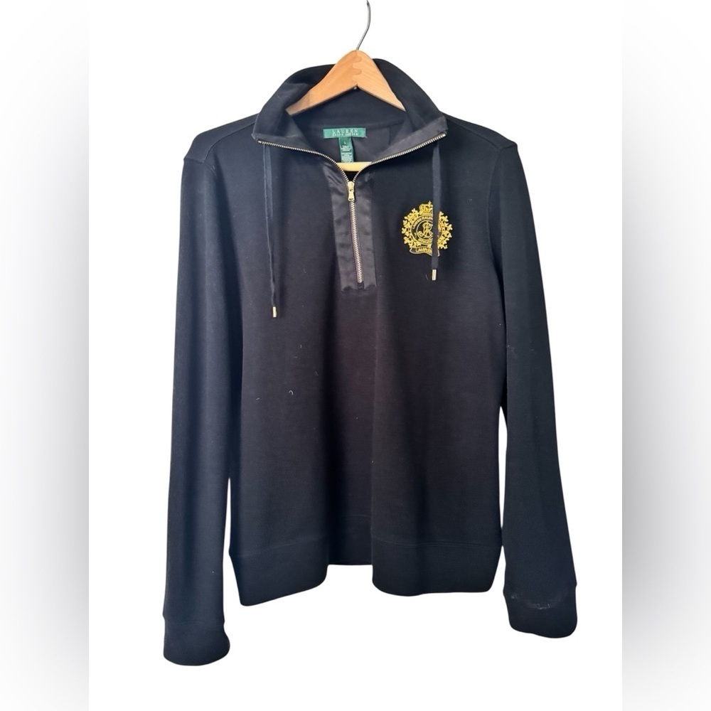 Lauren Ralph Lauren Large Black Knit Crest Logo Quarter Zip Sweater High Neck